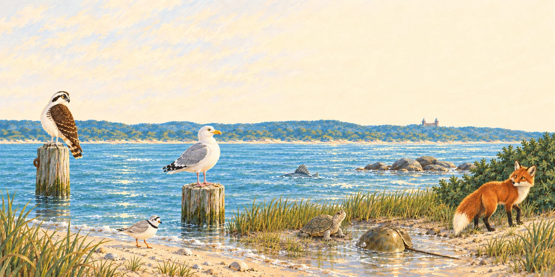 Sandy Hook Bay at dawn. An osprey and a gull on pilings, a plover on the wet sand, a striped bass finning in the channel, a terrapin and a horseshoe crab at the waterline, a red fox in the beach plum, and the Twin Lights on the ridge across the water.