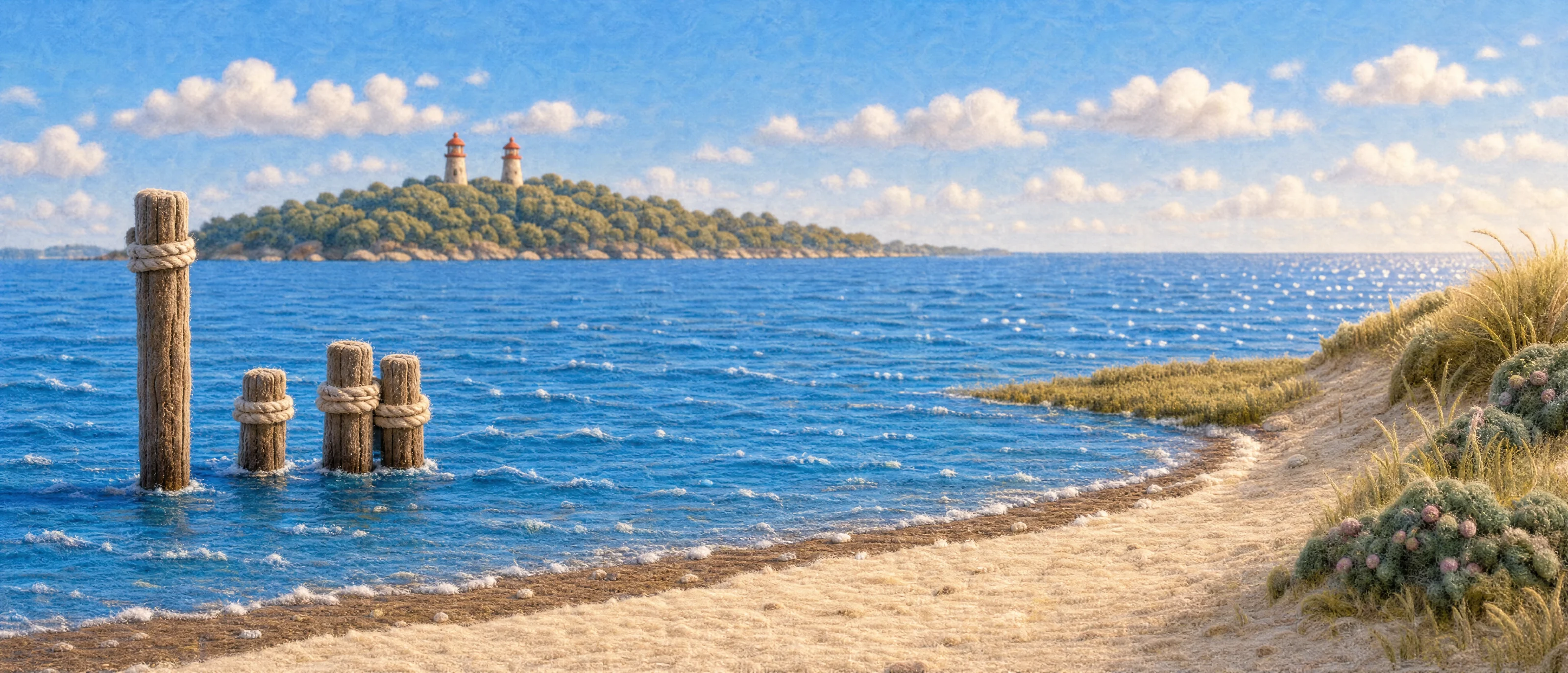 Sandy Hook Bay on a summer morning, made of felt and wool: a tall channel marker and a cluster of dock pilings in the blue water, a wooded ridge across the bay carrying the Twin Lights, a sandy beach curving along the shore, and a grassy dune of beach plum at the edge.